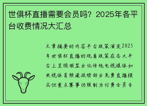 世俱杯直播需要会员吗？2025年各平台收费情况大汇总