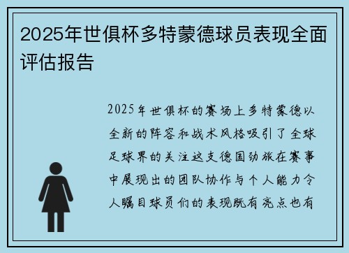 2025年世俱杯多特蒙德球员表现全面评估报告